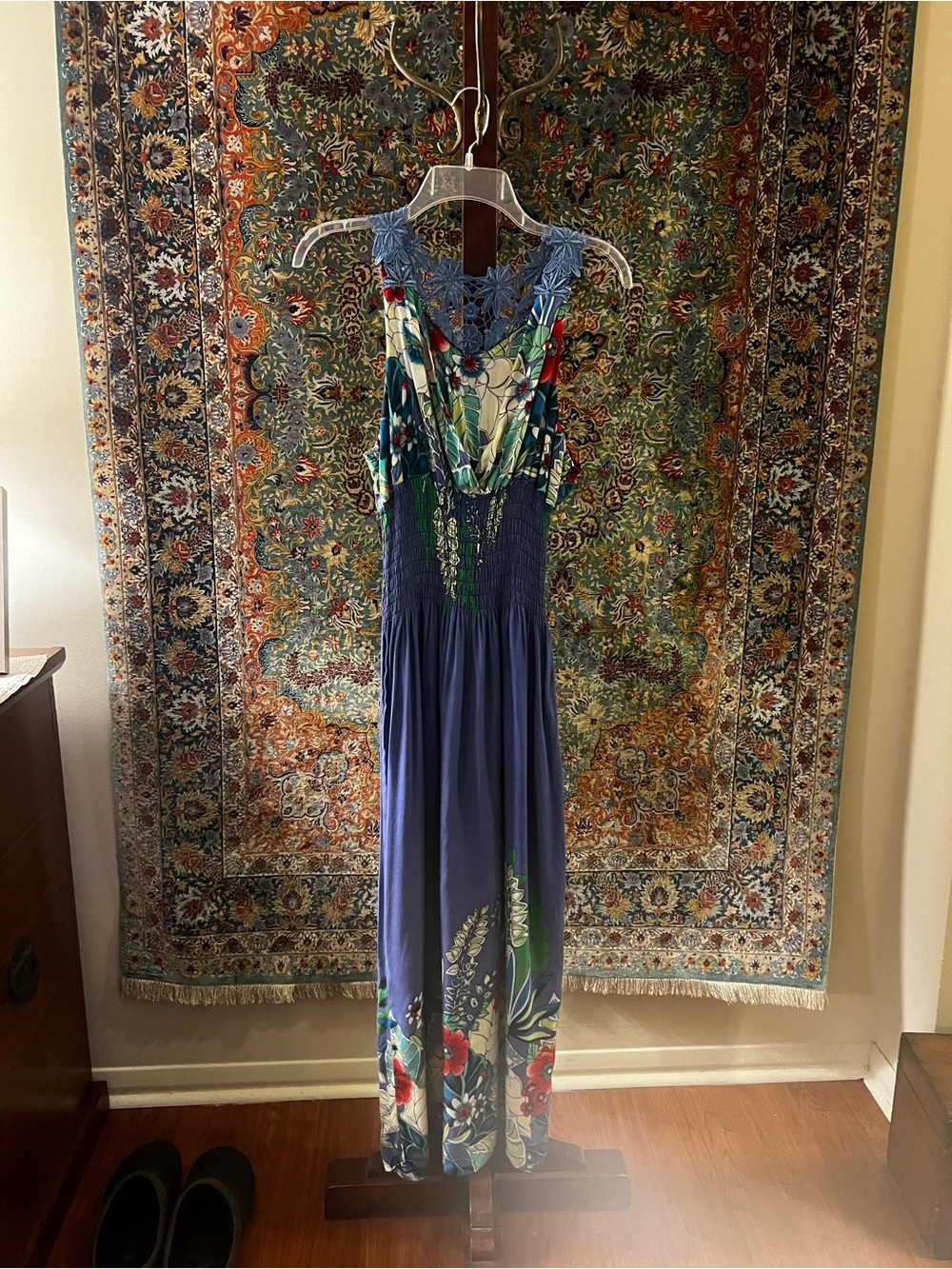 Vintage 80’s Ace Fashion Blue Floral Maxi Sundress| Crochet Lace Back | L